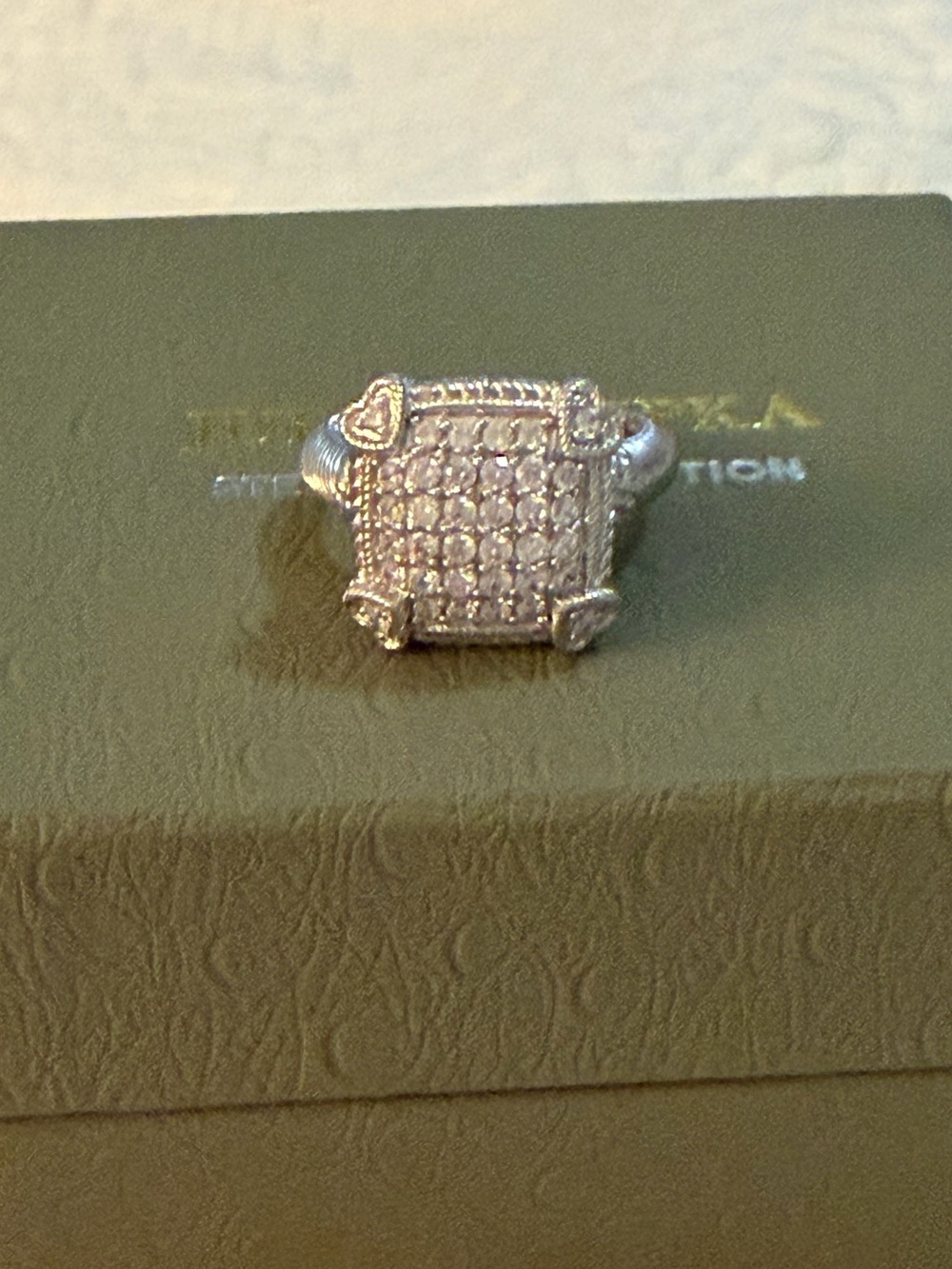 Judith Ripka Silver Pave Square Ring with Heart Motifs